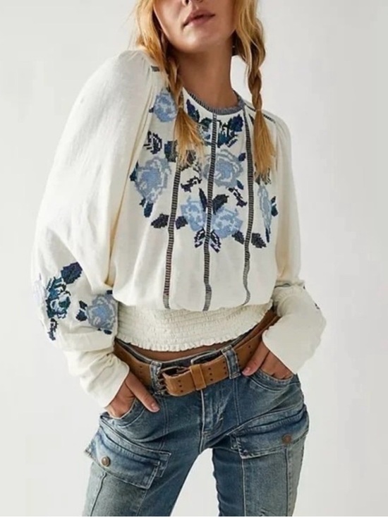 Free People Tops - Free People Felicity Embroidered Smocked Waist Peasant Blouse
